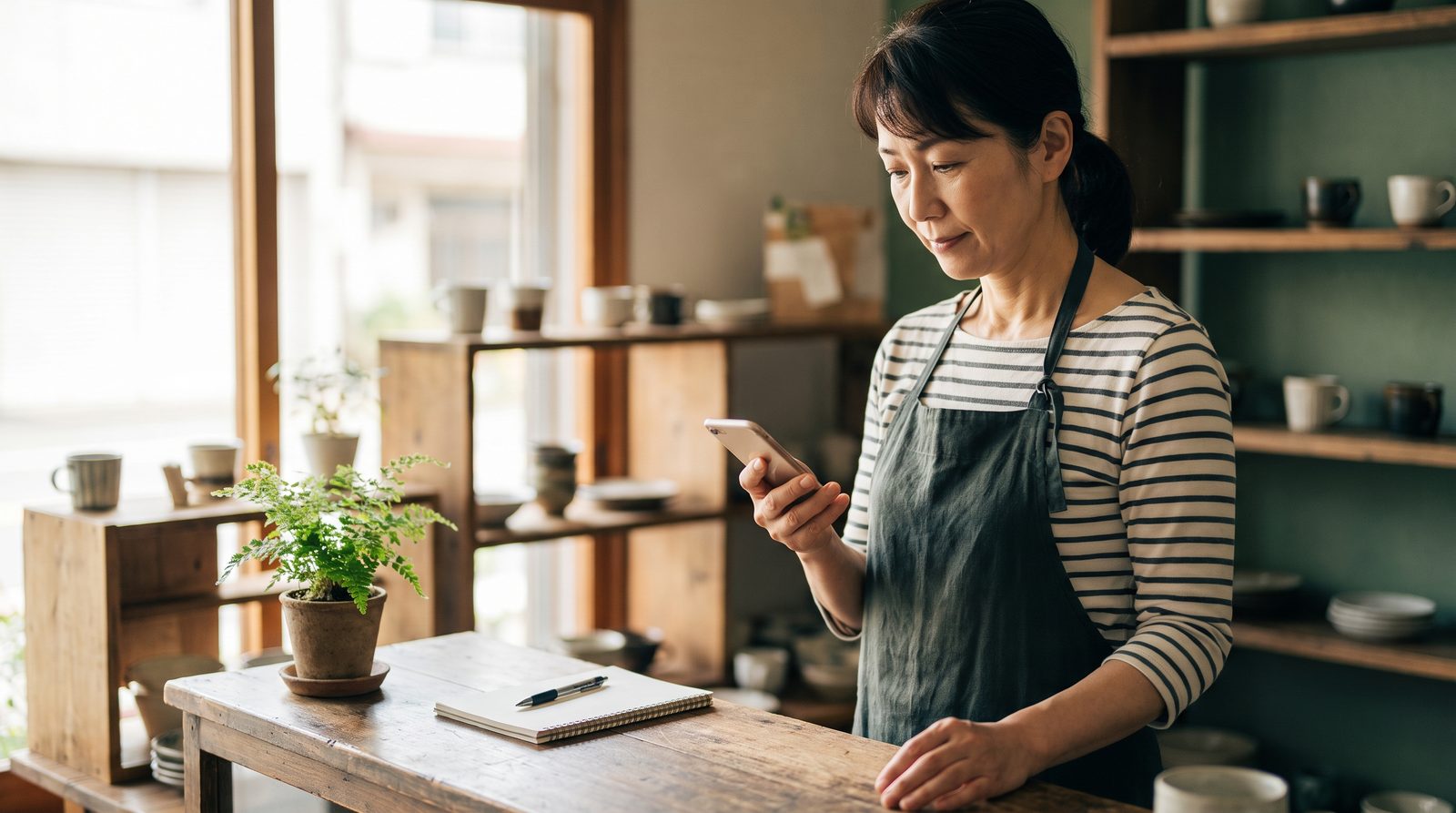 小さな店のカウンターで、店主がスマートフォンを手に自分の店の検索結果を確かめている様子