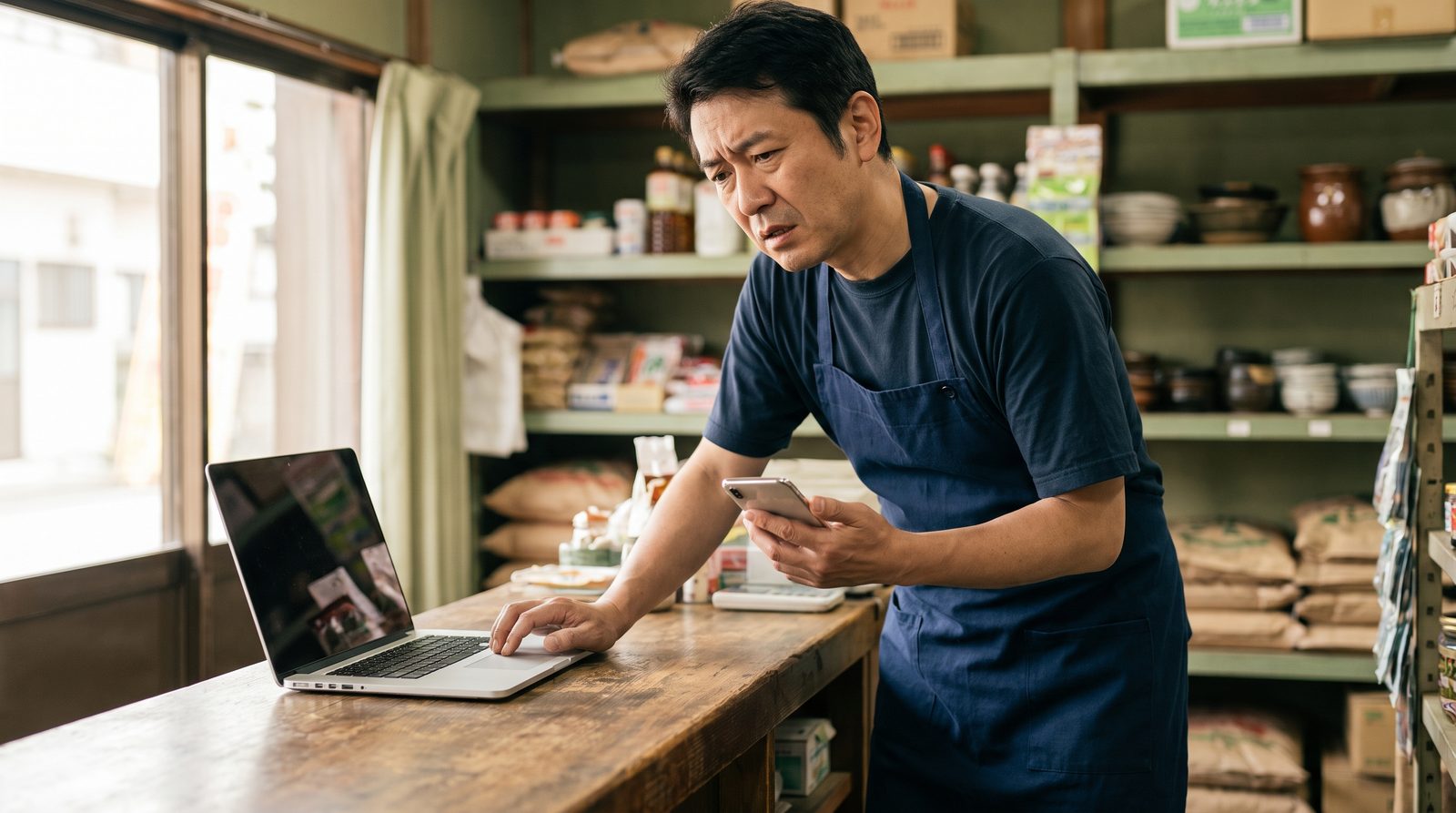 店主がスマホとパソコンで、自分の店について書かれている情報を確かめている様子