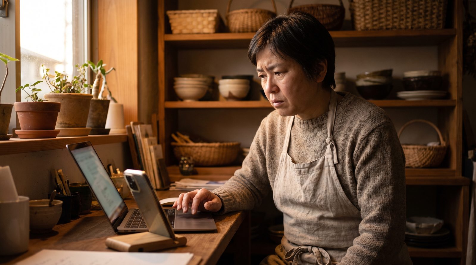 閉店後の小さな店で、店主がノートパソコンとスマートフォンを前に、ホームページの作り方を調べている様子