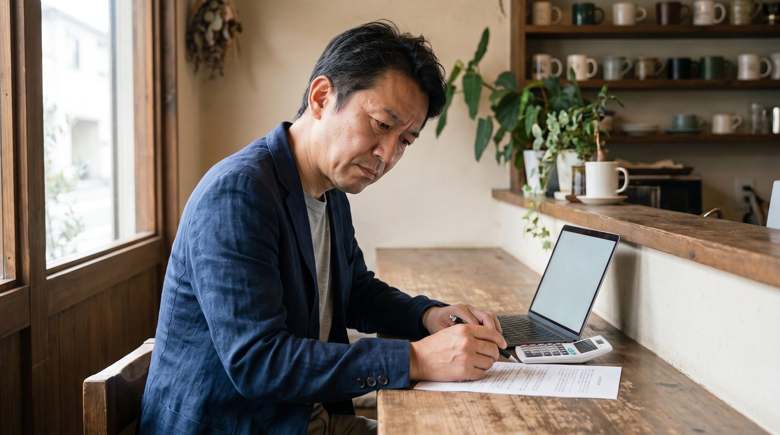 店主が契約書を電卓とノートパソコンで見比べて、ホームページ制作の料金を確認している様子