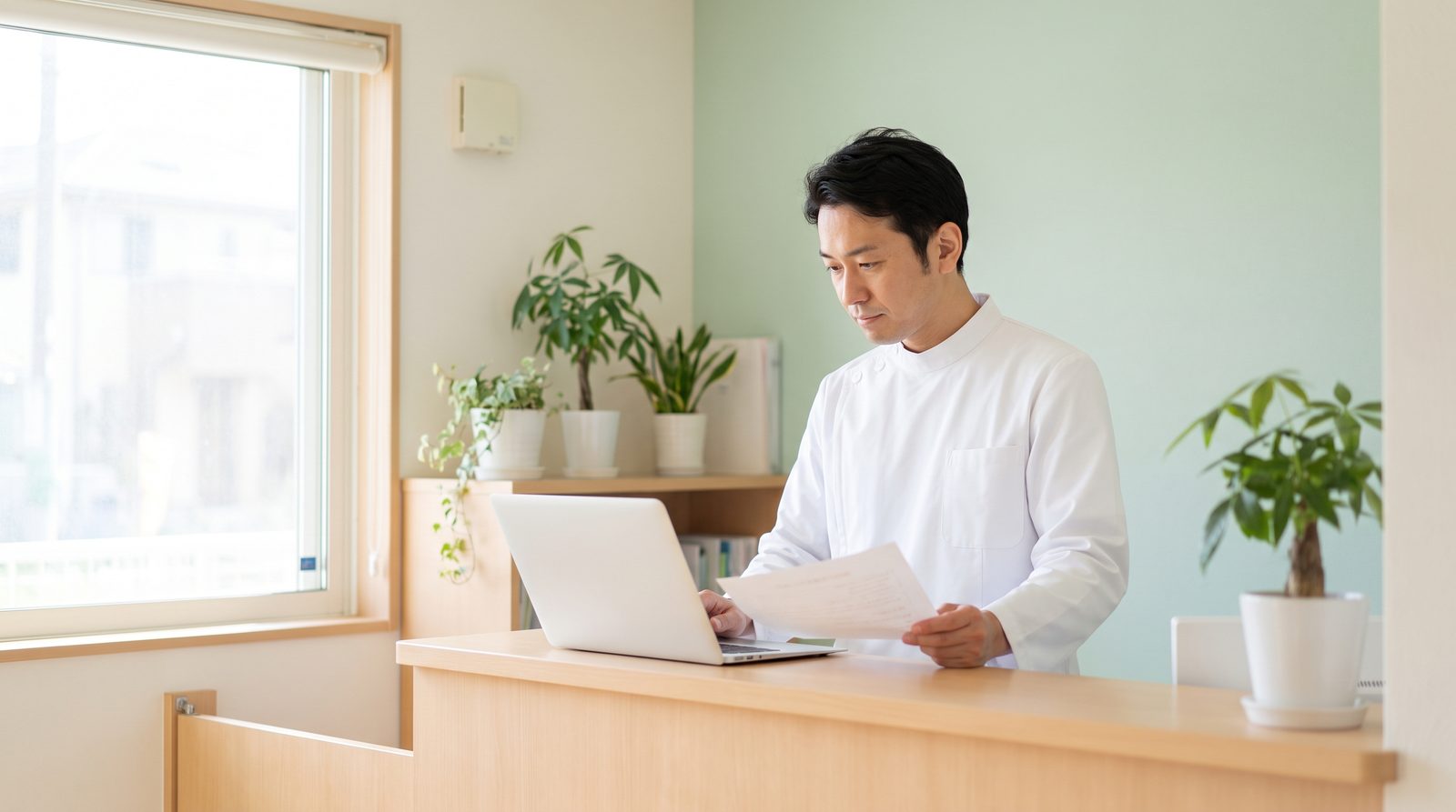 診療前の受付カウンターで、ノートパソコンの画面と印刷した原稿を見比べている院長のイメージ