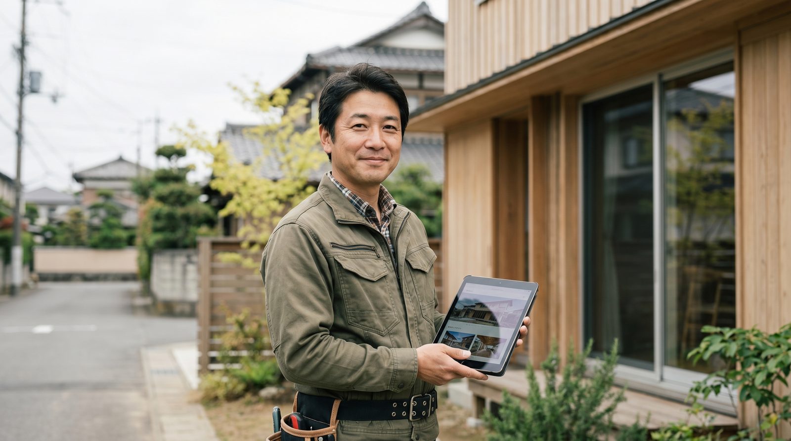新築の木造住宅の前でタブレットの自社ホームページを見る工務店の経営者