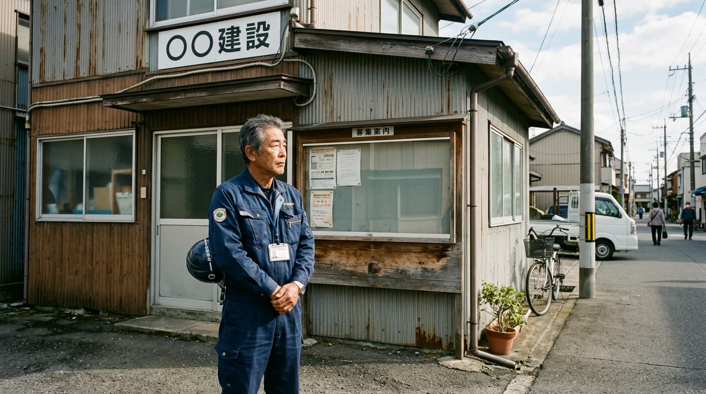 建設会社の社長が事務所で求人票とスマホの検索画面を見比べている様子