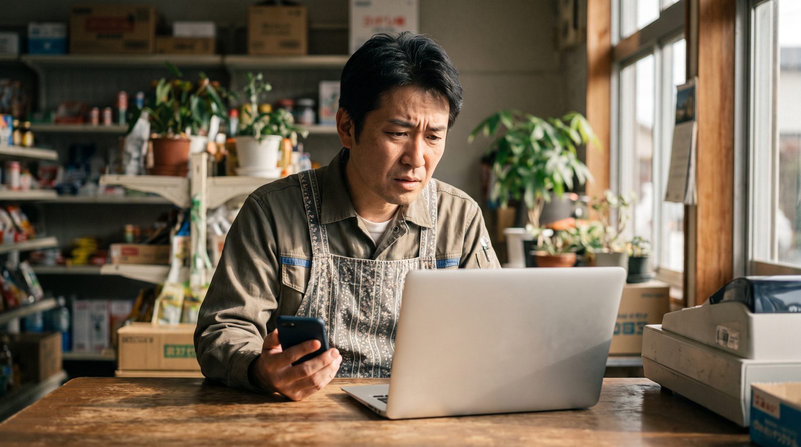 小さな店の店主が、カウンターでノートパソコンとスマートフォンを見ながら問い合わせメールを確かめている様子
