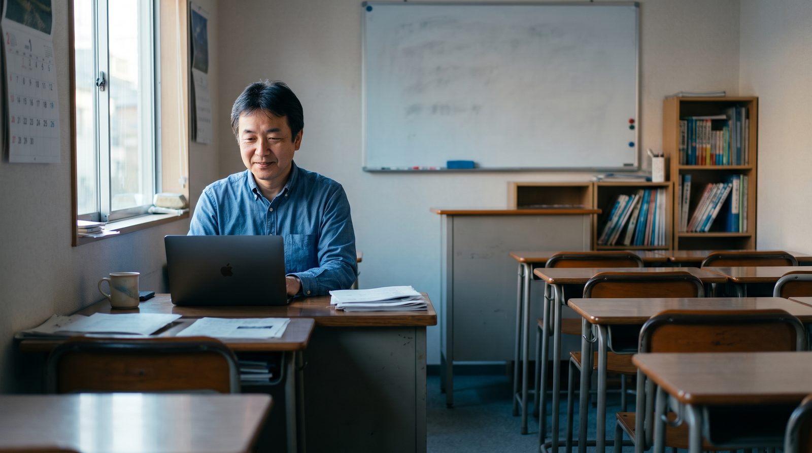 学習塾の教室で、自塾のホームページをノートパソコンで確認する塾長のイメージ