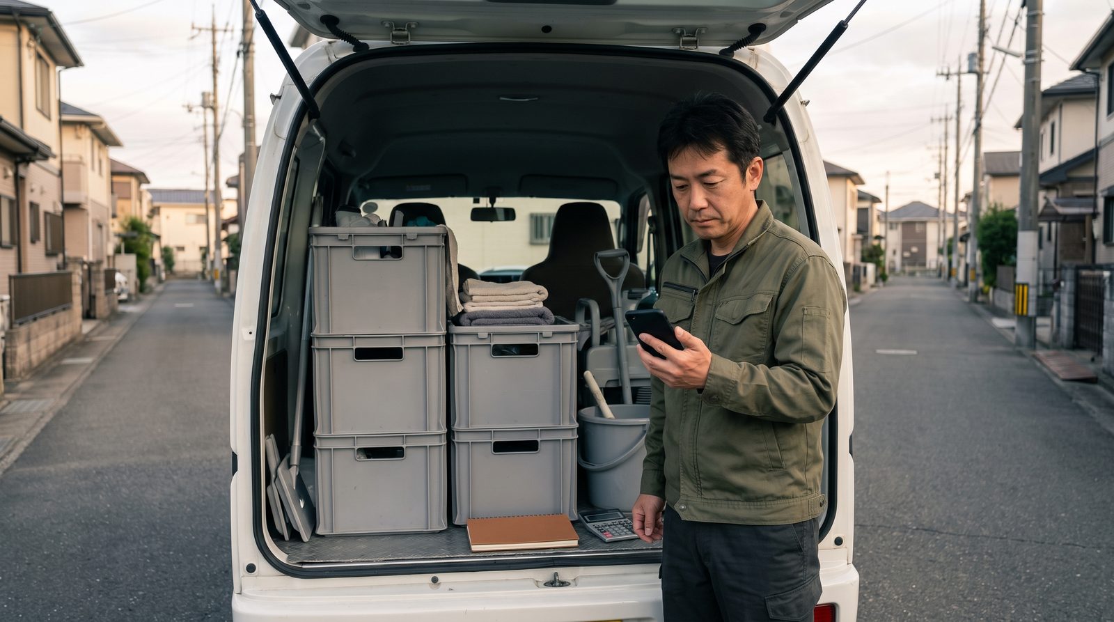 ハウスクリーニング業を営む事業主が、道具を積んだ作業車の後ろでスマートフォンを見ながら、荷台に置いたノートと電卓で費用を確かめている様子