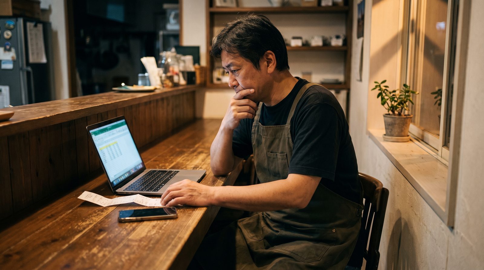 閉店後の店内で、ノートパソコンと請求書を前に困った表情を浮かべる店主のイメージ