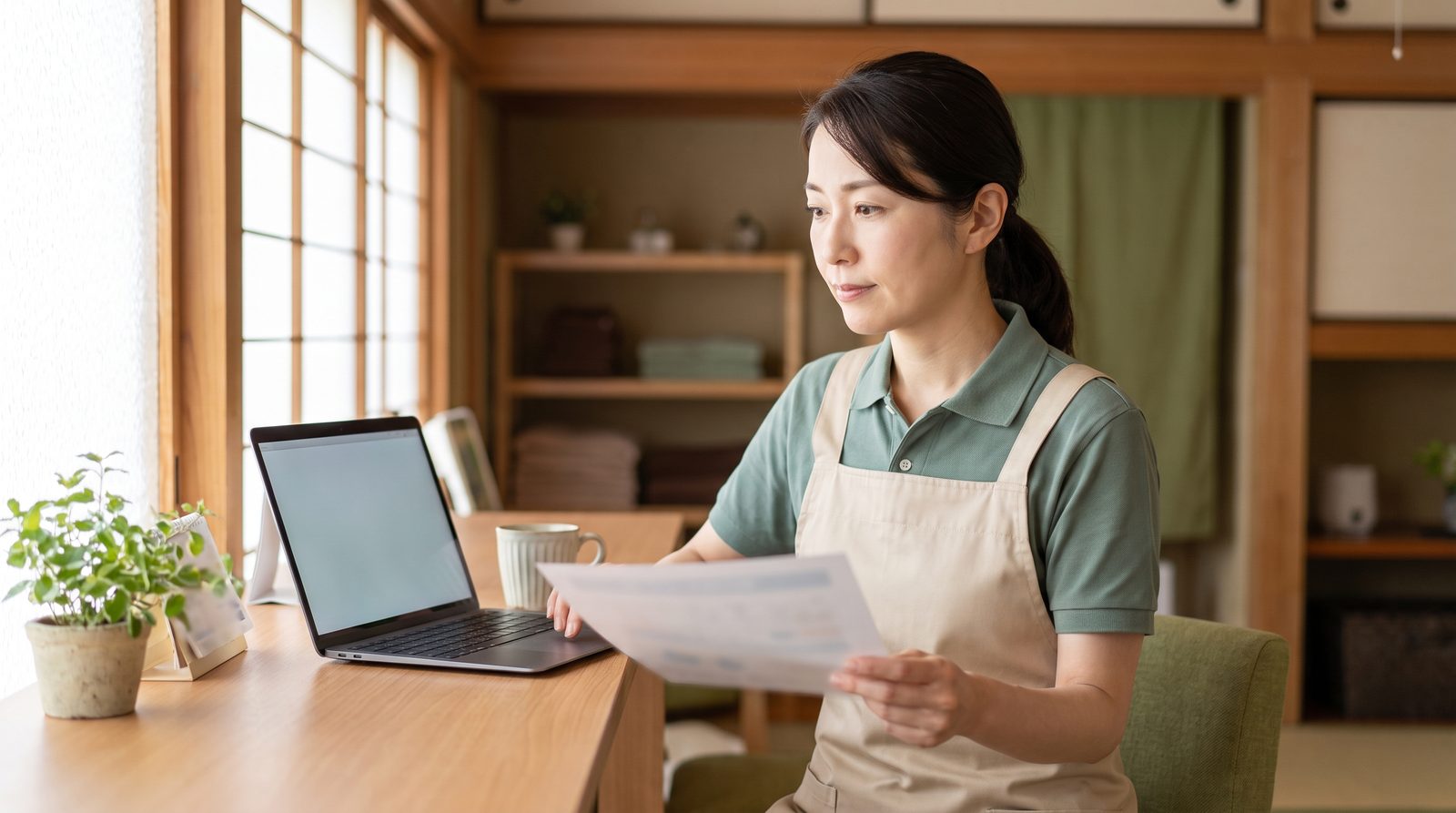 サロンの店主が受付カウンターで、契約内容を書類とパソコンで確認しているイメージ