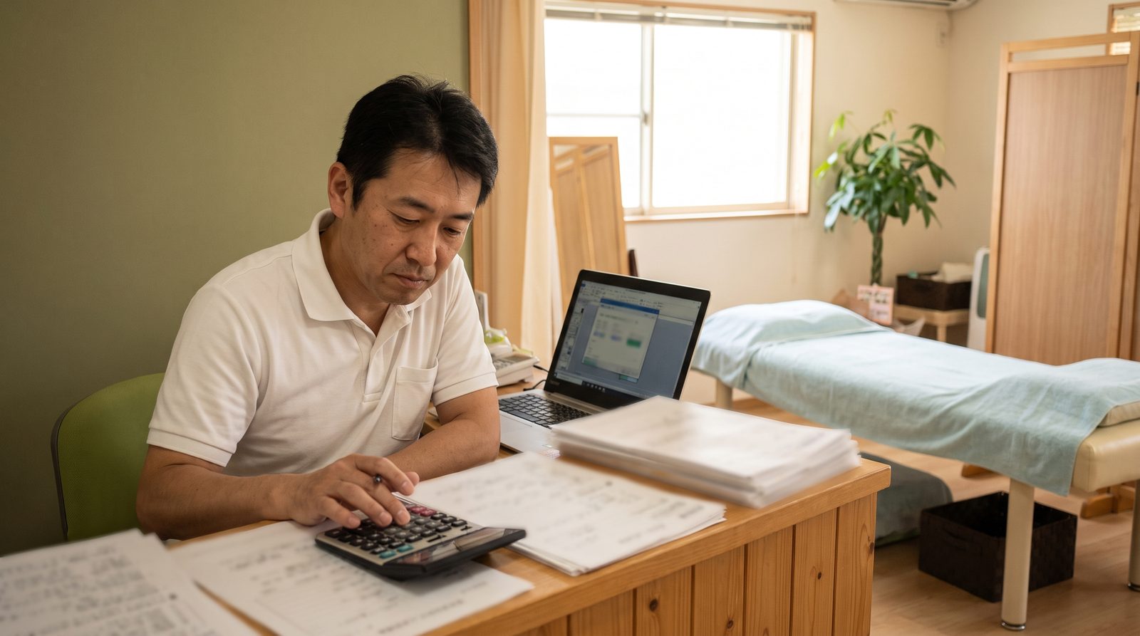 整骨院の受付で、ノートパソコンと契約書類を前に電卓で費用を確認している院長