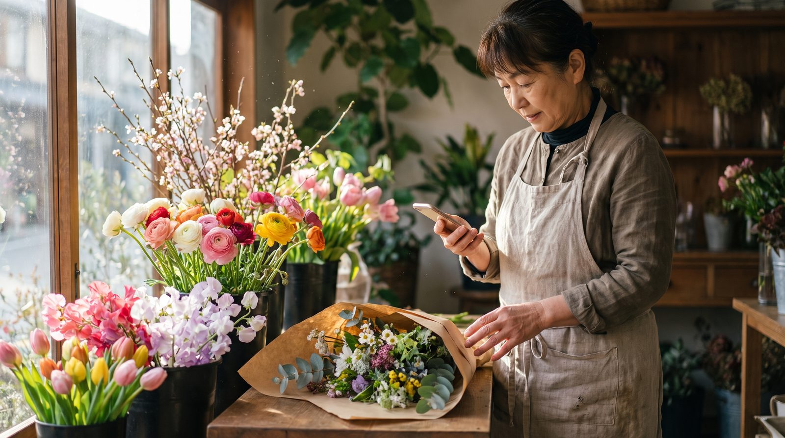 小さな花屋の店内で、店主がカウンターに置いた花束を包みながら、スマートフォンで届いた注文の内容を確認している様子