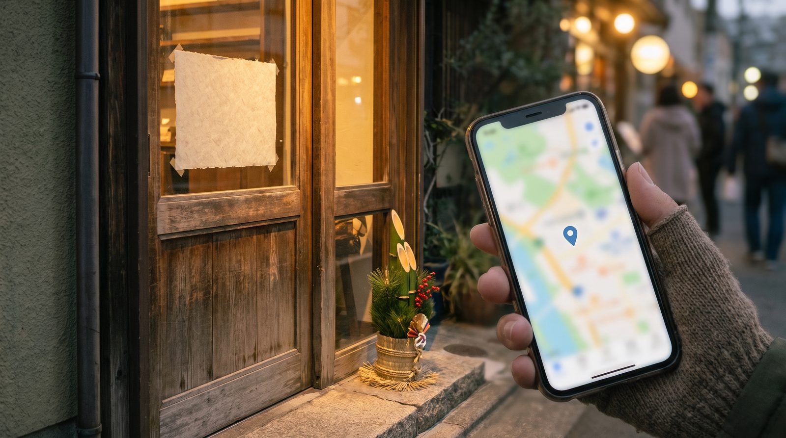 年末の夕方、門松が置かれた小さなお店の木の扉と、白紙の貼り紙。手前で地図アプリを開いたスマホを持つ手