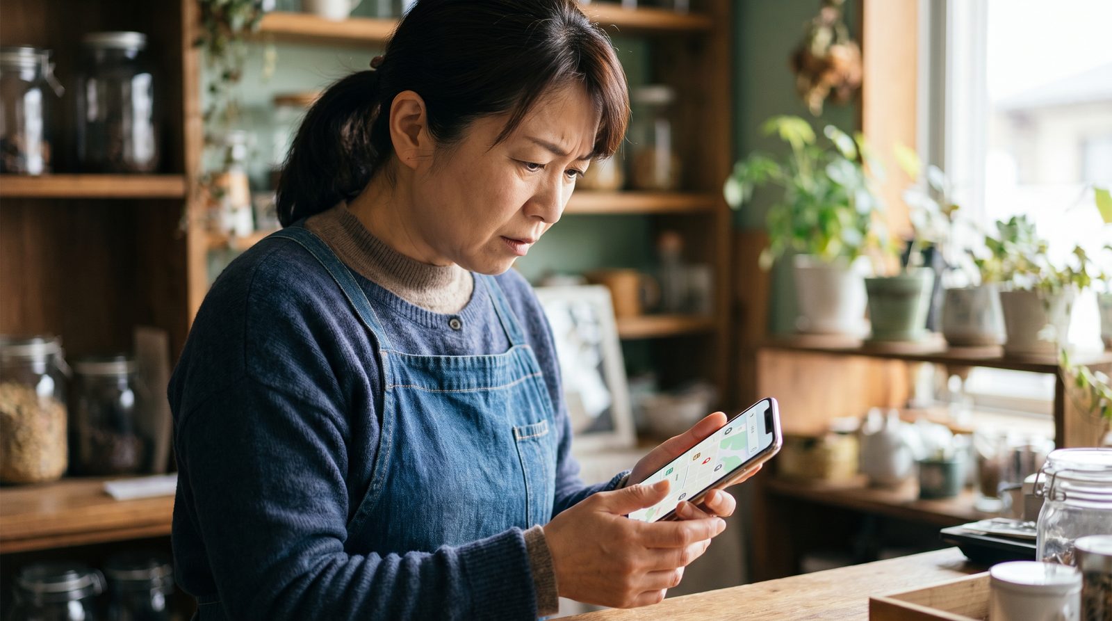 店主がスマホで自分の店のマップ表示を確認している様子