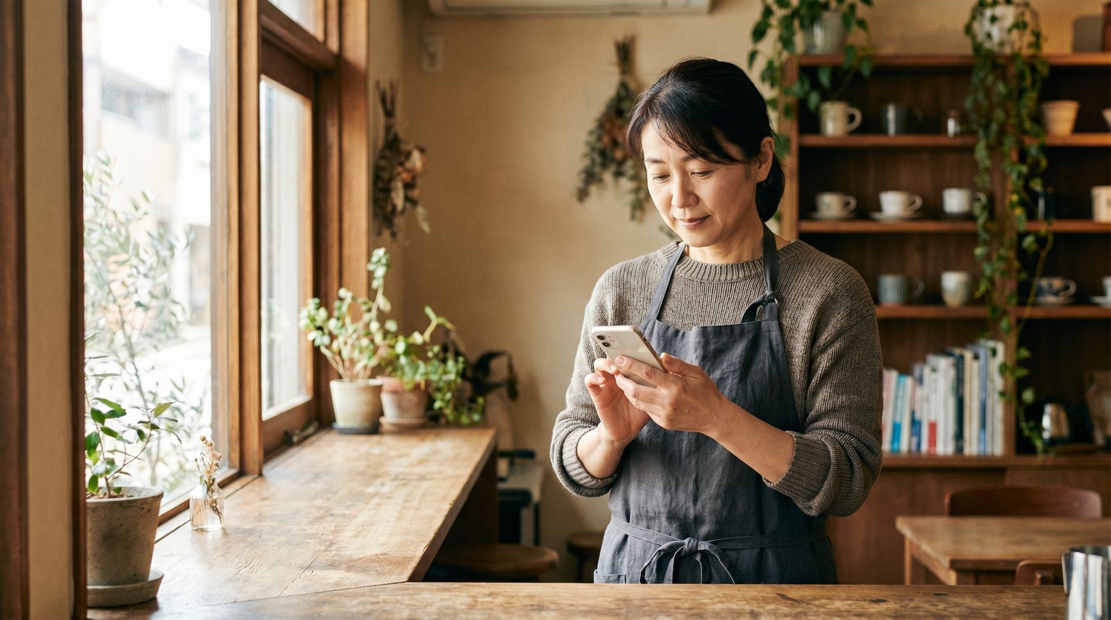 店主がスマホでGoogleビジネスプロフィールのオーナー確認を進めている様子のイメージ