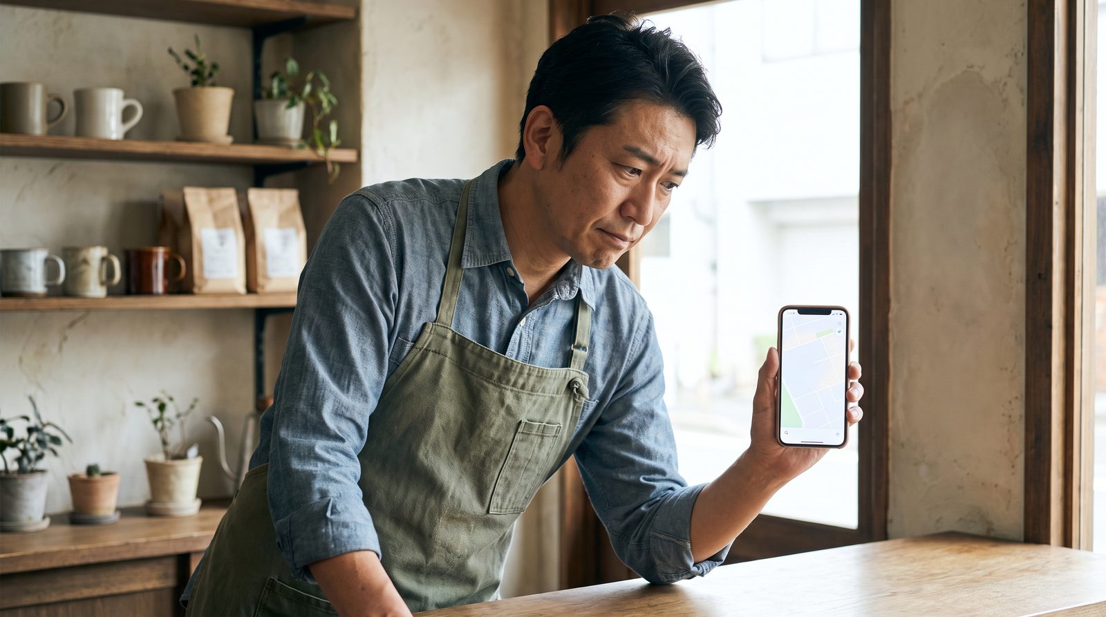 Googleマップに自分の店が出なくなり、スマホを見て不安そうにする店主のイメージ