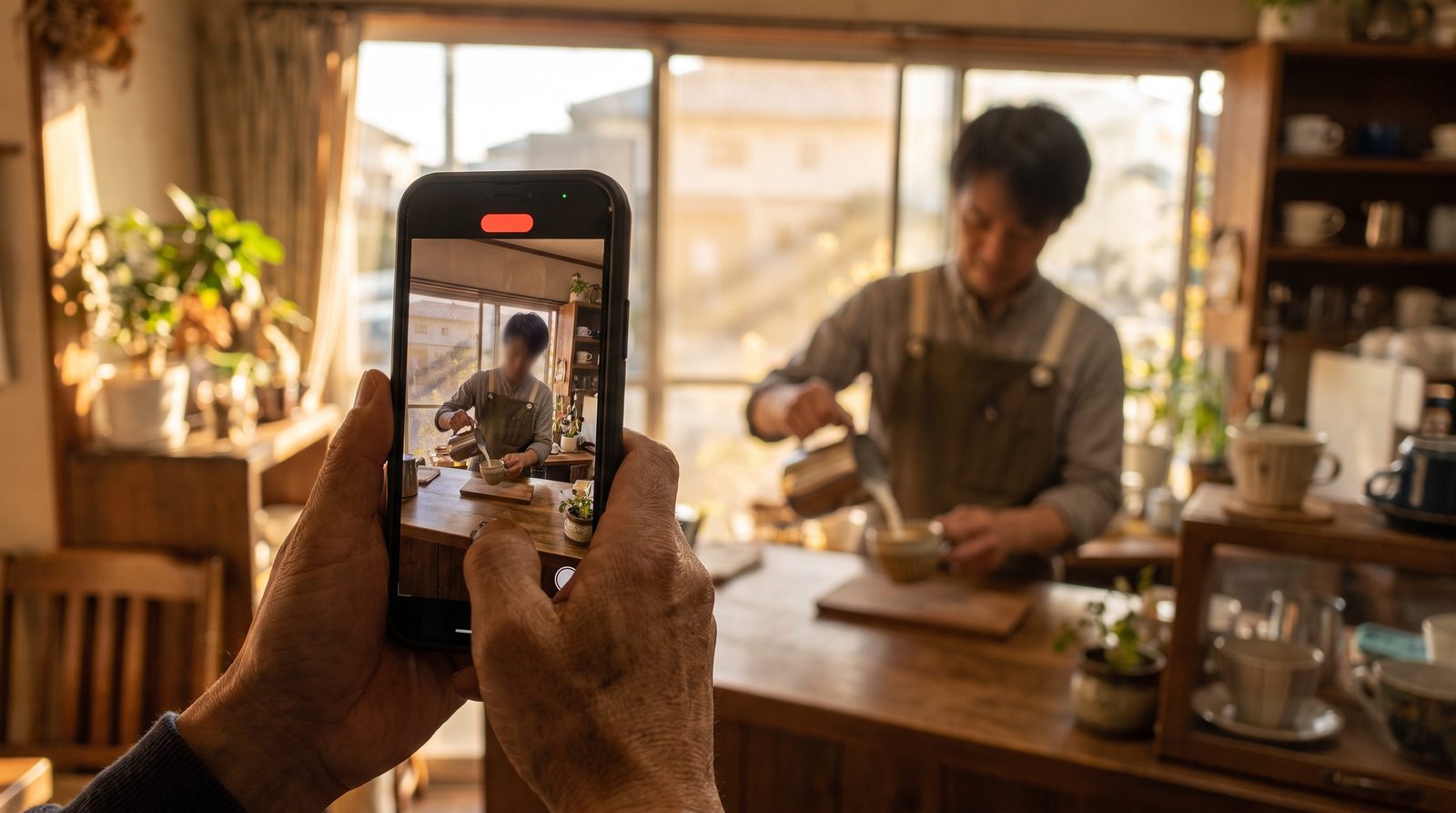 小さなカフェで、店主の手がスマホを縦に構え、カウンターでラテを注ぐスタッフの手元を動画で撮っている様子