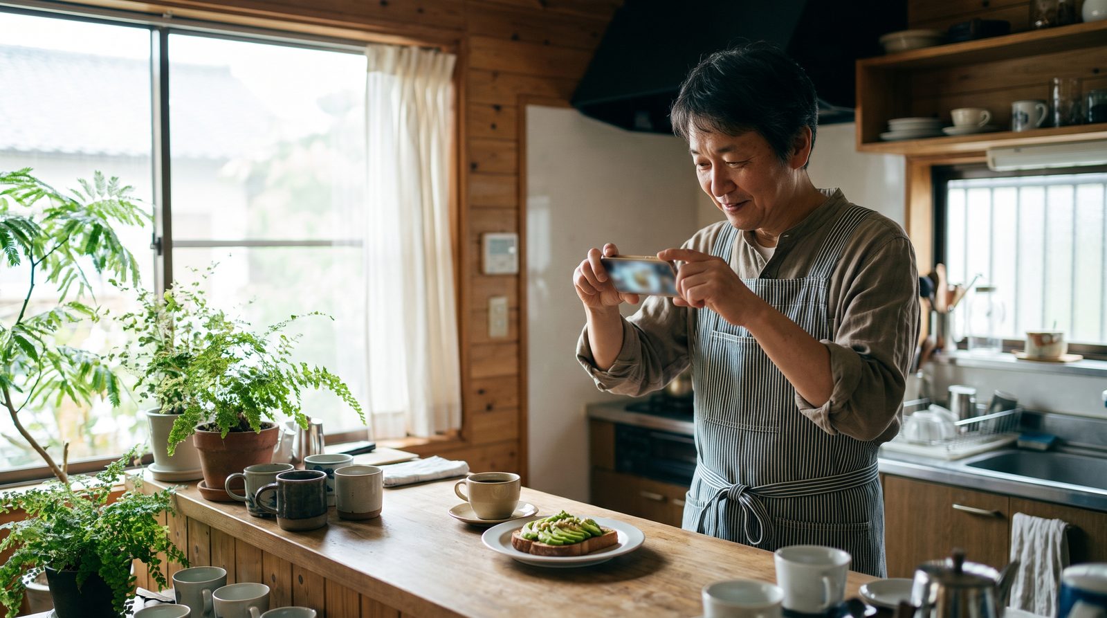 明るい店内で、店主がスマートフォンを構えて、カウンターに置いた料理の写真を撮っている様子
