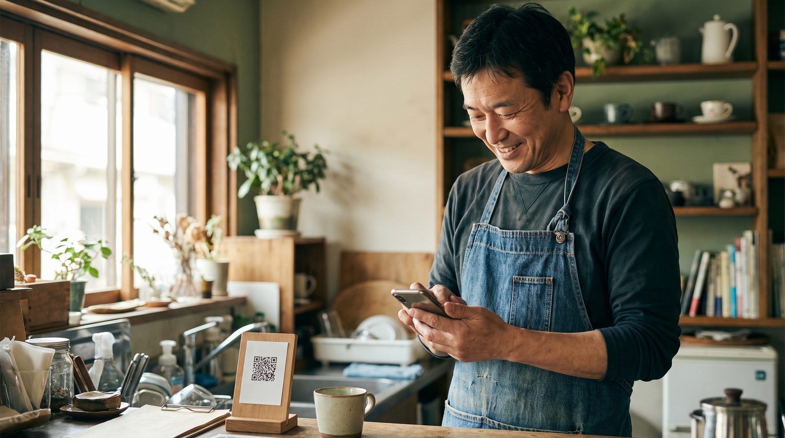 レジ横にQRコードを置いた店主が、スマホでGoogleの口コミを確認して微笑んでいる様子