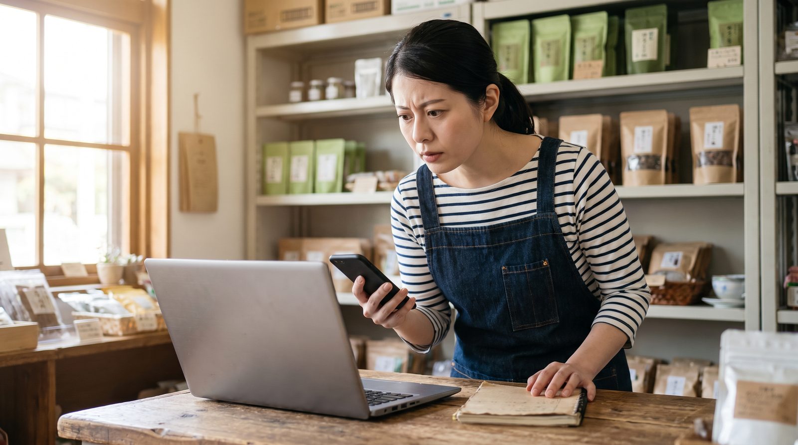 スマートフォンとノートパソコンで自分の店の口コミを確認する店主の様子
