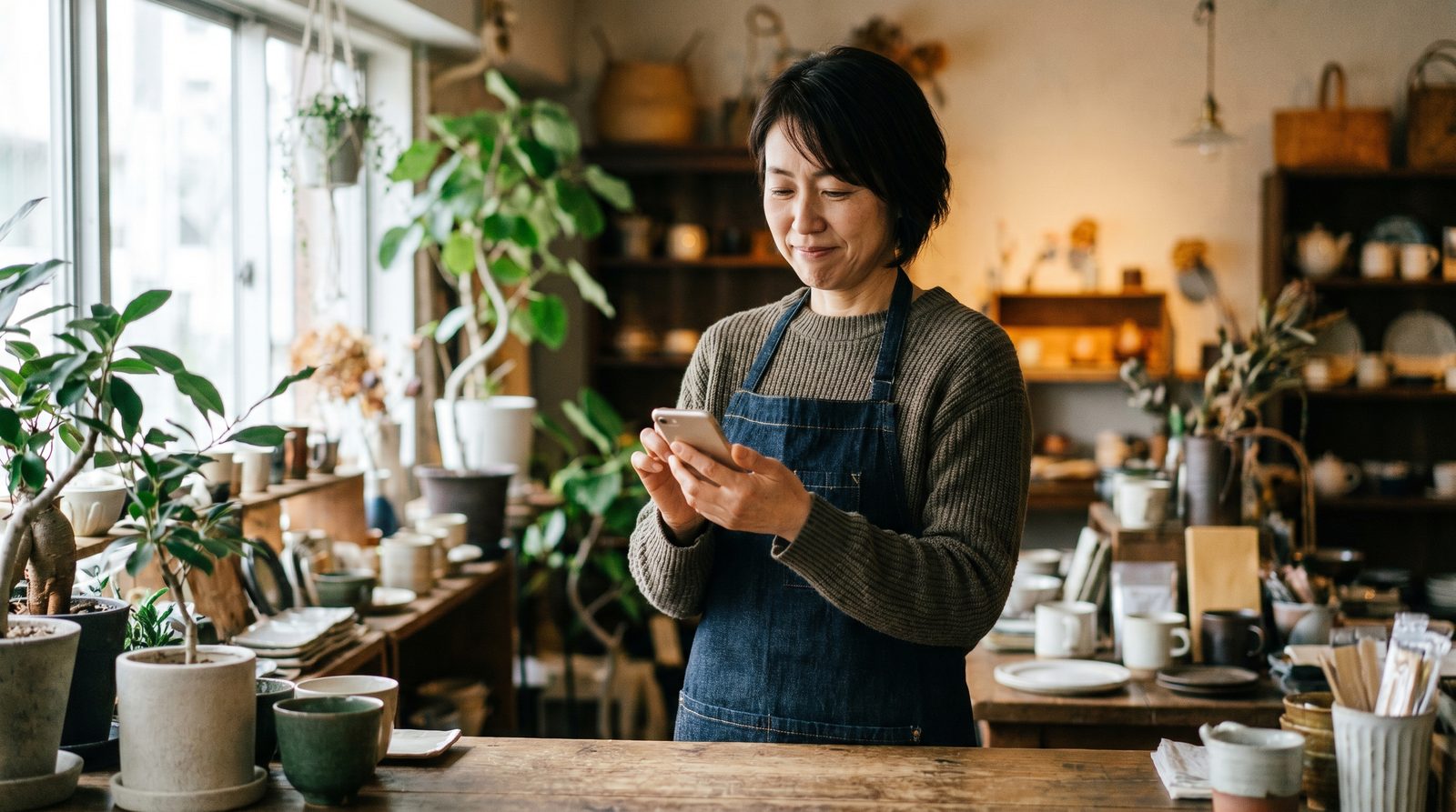 店主がスマホでGoogleマップに自分の店が表示されるか確認している様子のイメージ