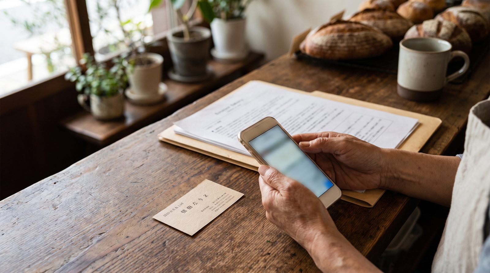 パン屋のカウンターで、店主がスマホのメール画面を見ながら、名刺と契約書のファイルを手元に置いている様子