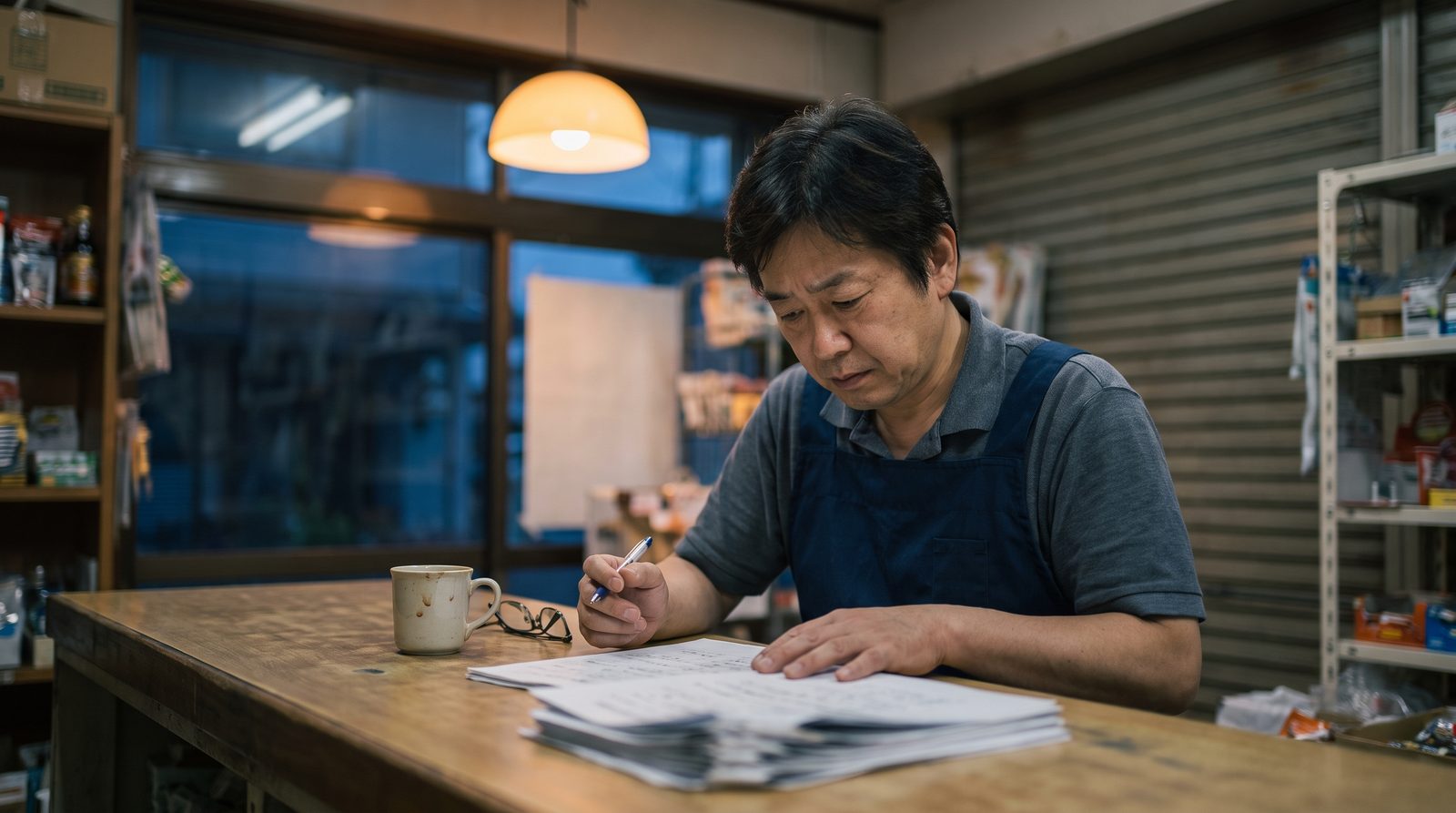 閉店後の小さな店で、店主が制作の書類を前にペンを持ったまま手を止め、署名の前に内容を確かめている様子