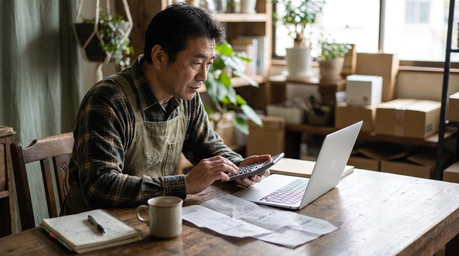 中小店舗のオーナーが、ノートパソコンで届いた複数の制作会社の見積書を開き、電卓を手に総額を見比べている様子