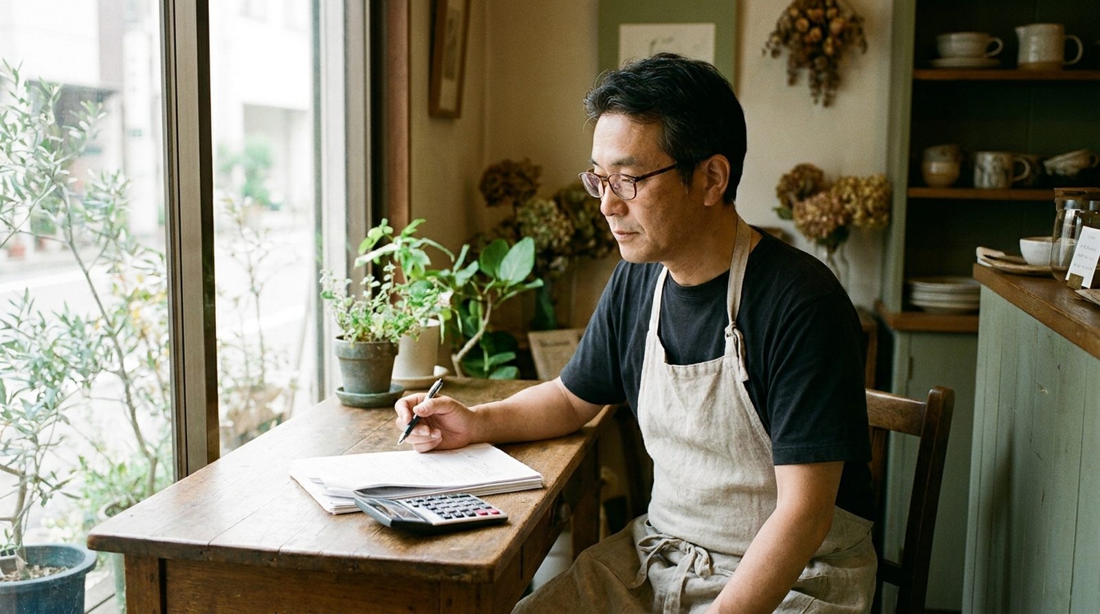 店主が契約書と電卓を手に、リース契約の総額を落ち着いて確認している様子