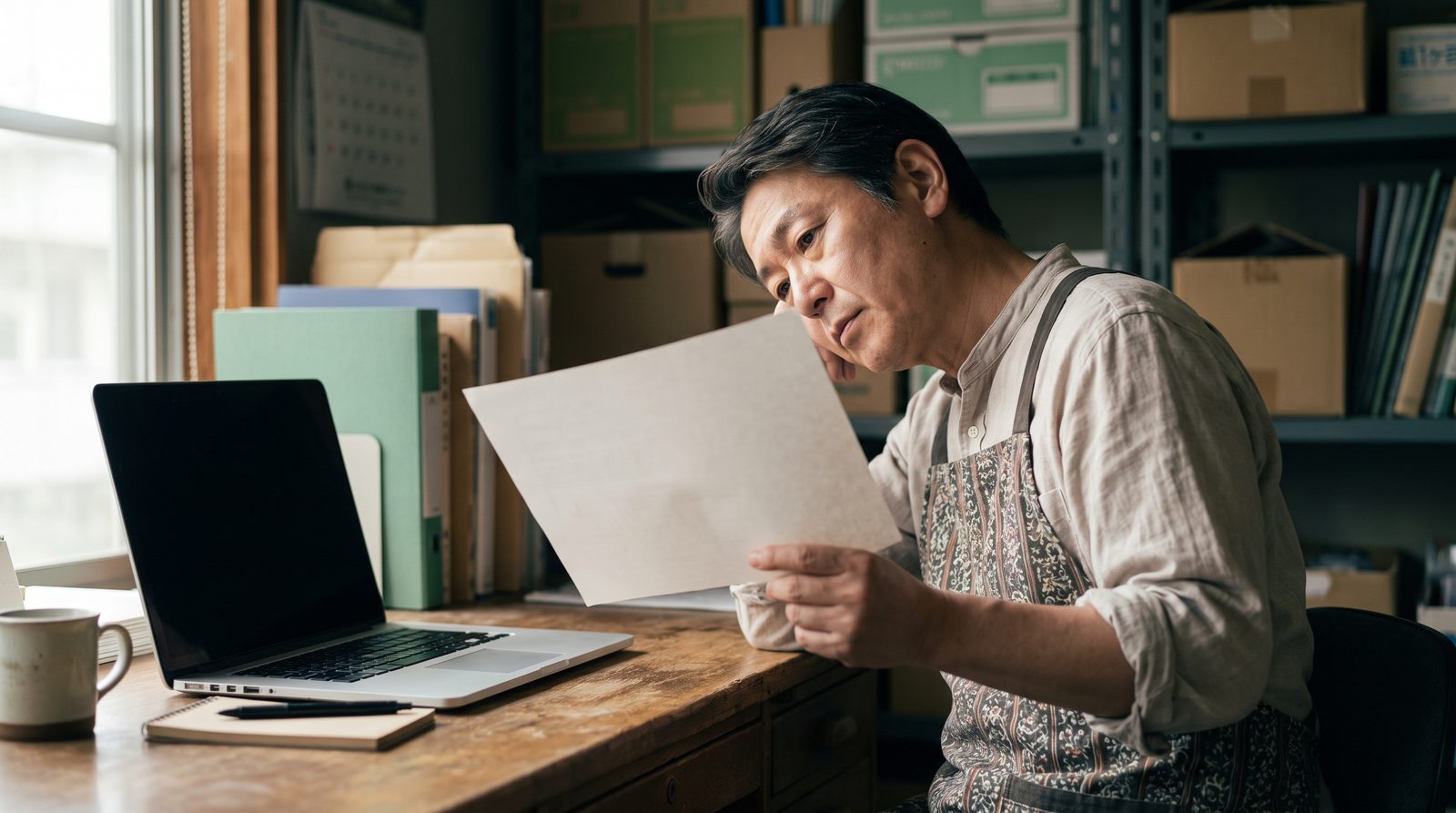 小さな店の奥の事務所で、店主が制作会社と交わした契約書を手に取り、内容を静かに読み返している様子