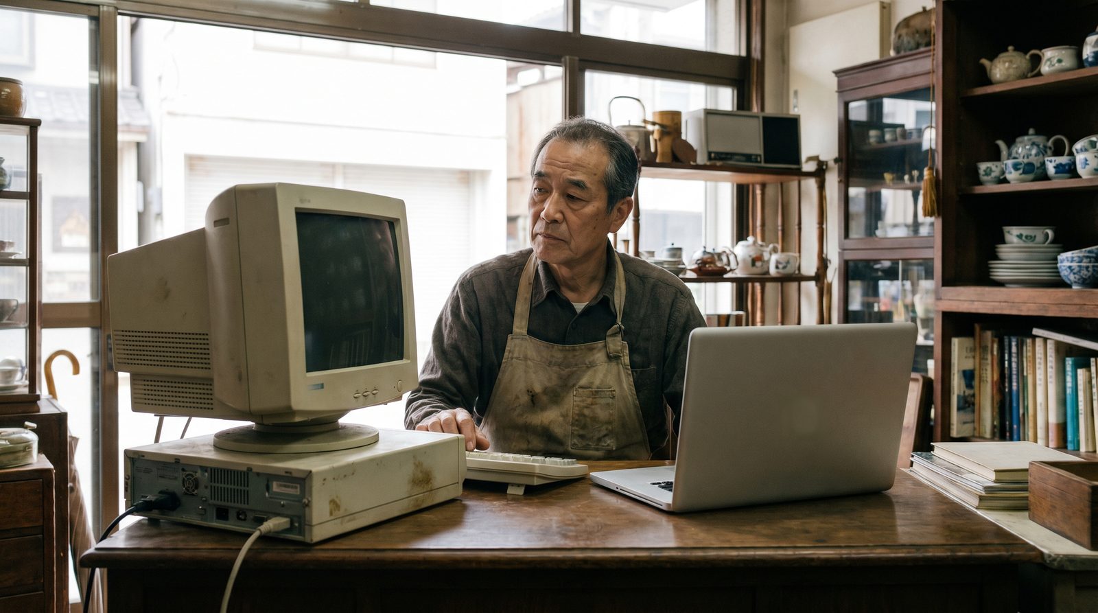 古いホームページをパソコンとスマホで見比べながら、作り直すかどうか考えている様子のイメージ