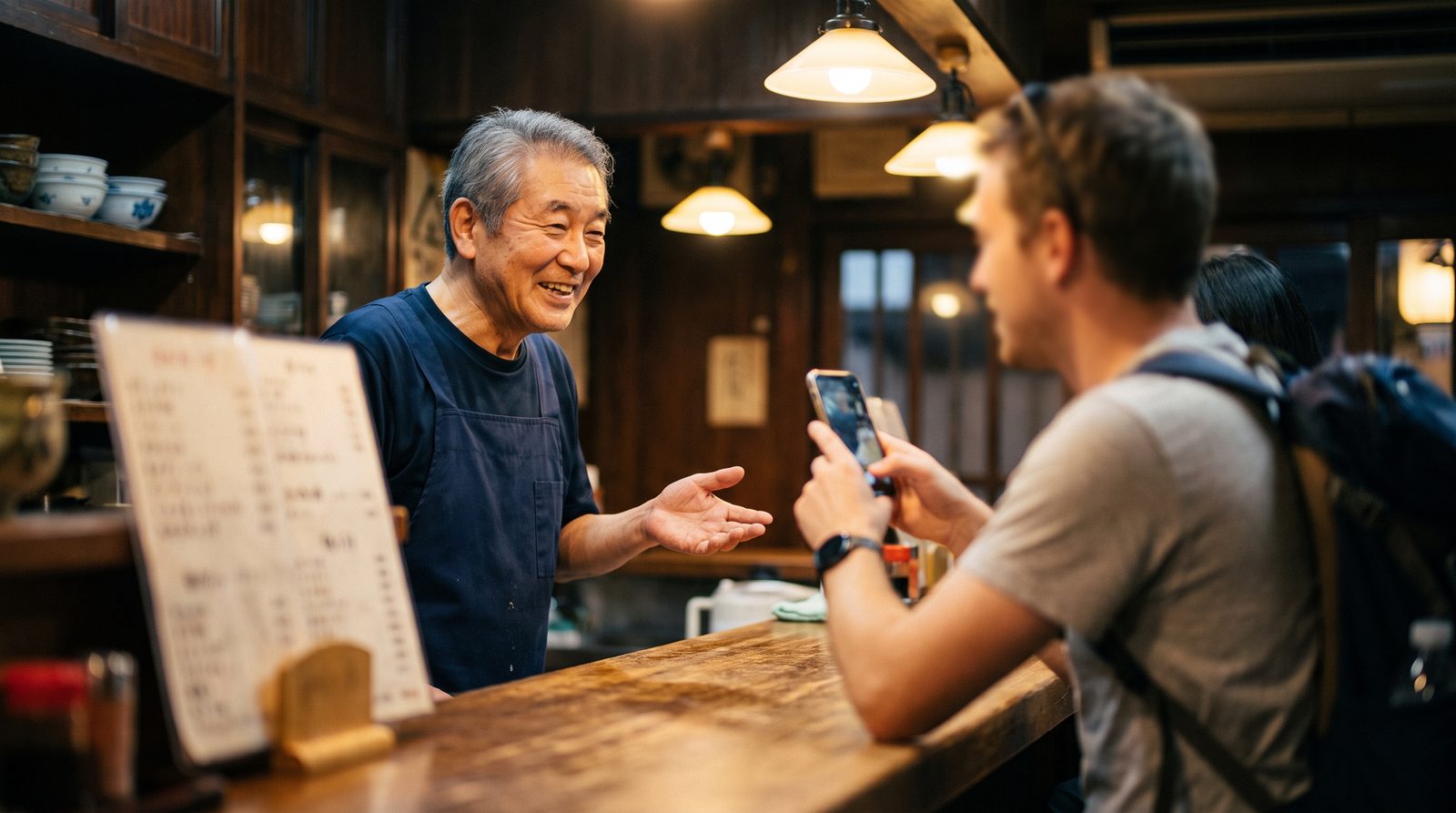 小さな飲食店のカウンターで、翻訳アプリを開いた海外からのお客様に、店主が手ぶりで応じている様子
