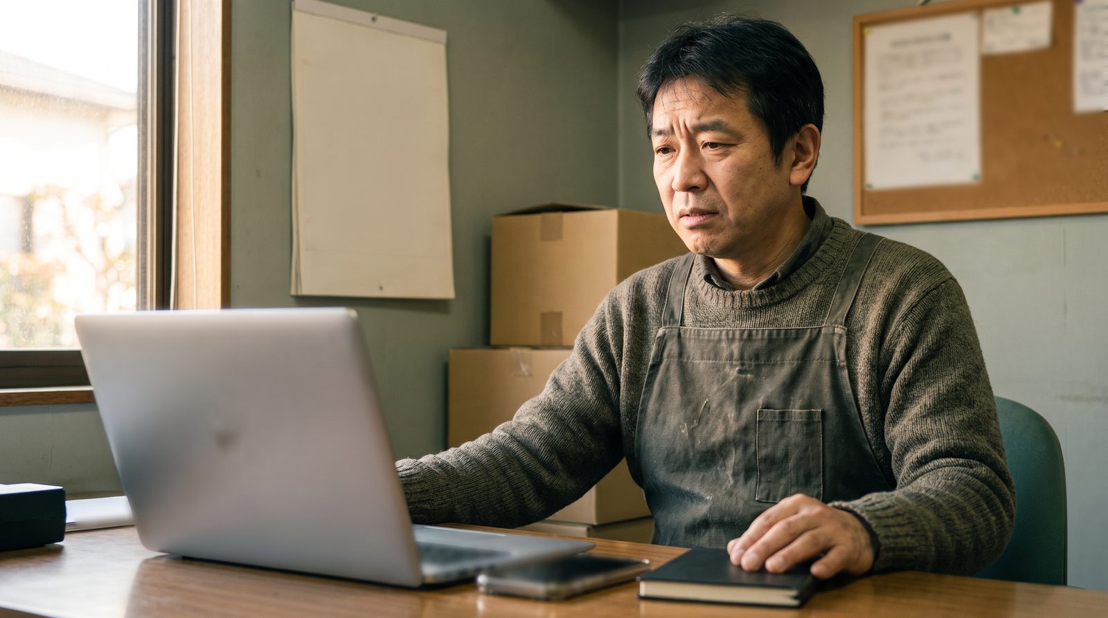 小さなお店の事務所で、店主がノートパソコンを見ながら求人の掲載について調べている様子
