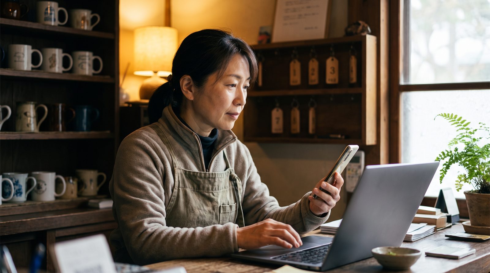 小さな宿の帳場で、女将がノートパソコンとスマートフォンを見比べている様子