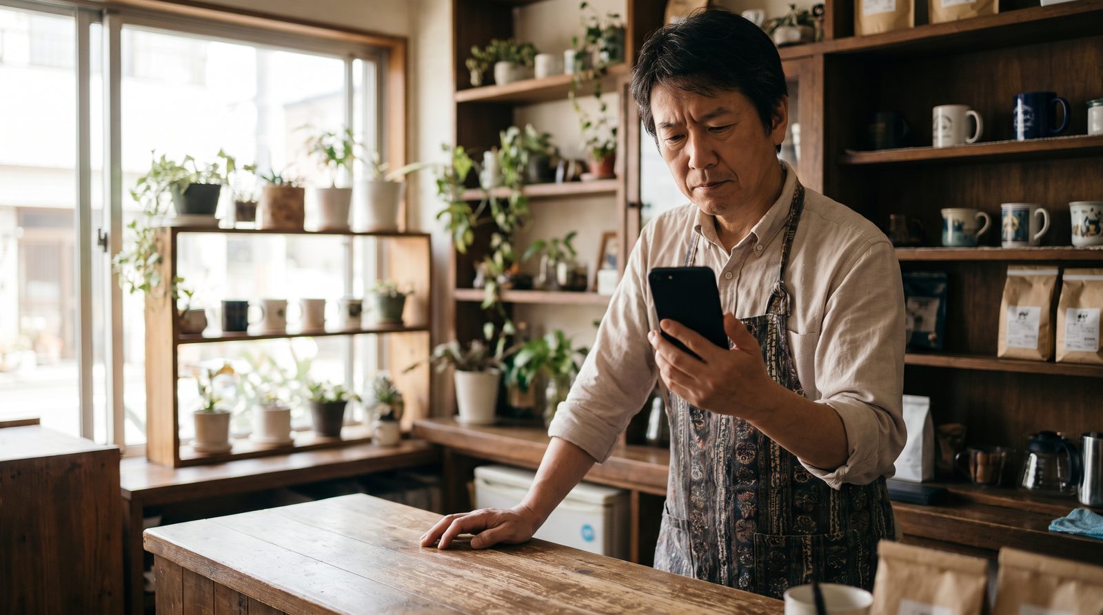 小さな店のカウンターで、店主がスマートフォンを手に持ち、少し思案するような表情で画面を見ている様子