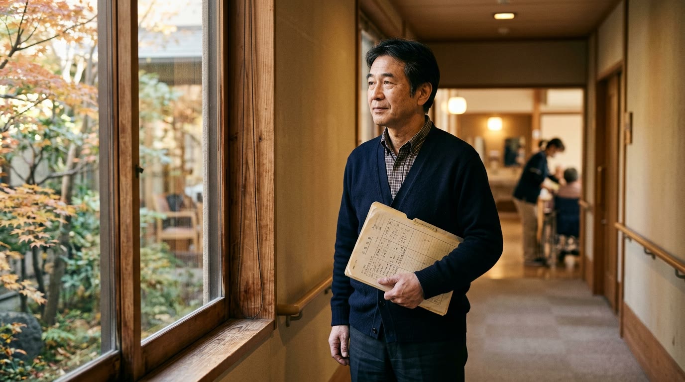 介護施設の管理者が、応募のない求人票を前に見直しのチェックリストを書き出している様子
