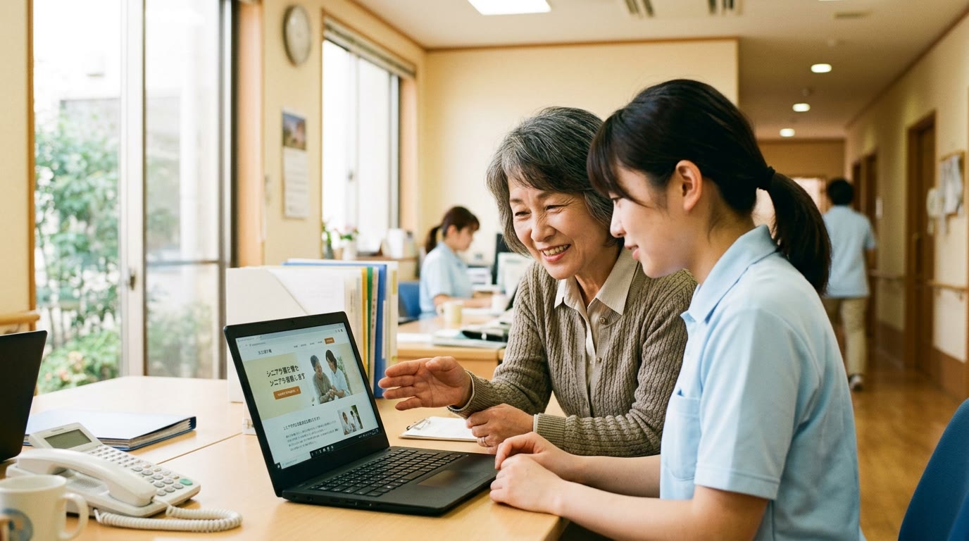 介護施設の施設長が、スタッフの写真を載せた採用ページをタブレットで確認している様子