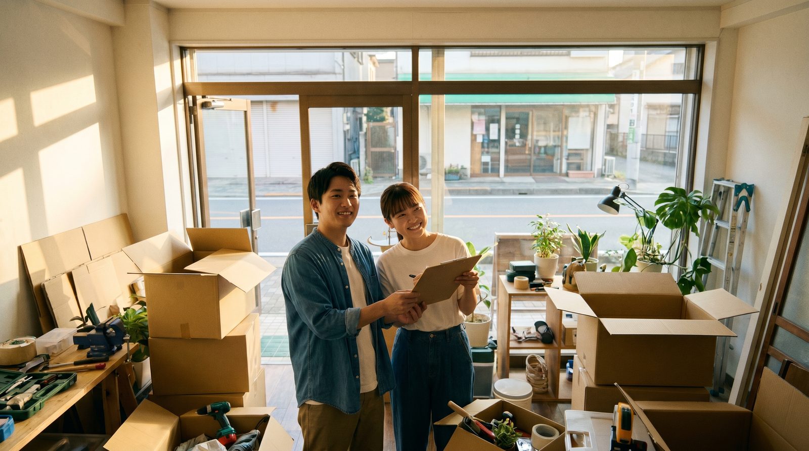 開業準備のチェックリストを確認しながら販促物を並べているイメージ
