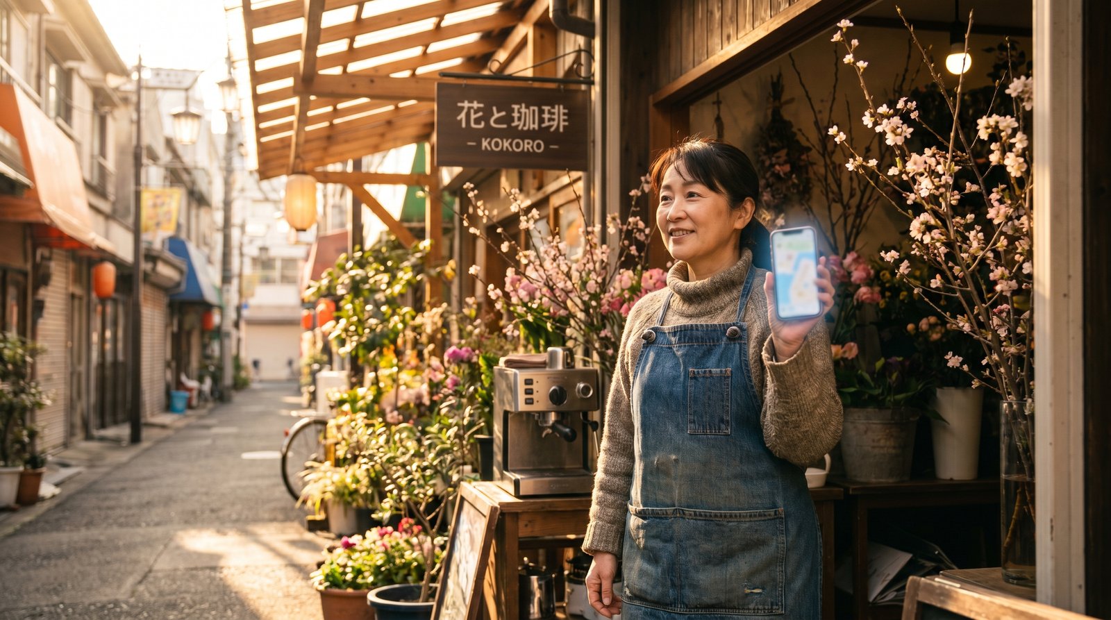 店先でスマホの地図アプリを確認する店主のイメージ