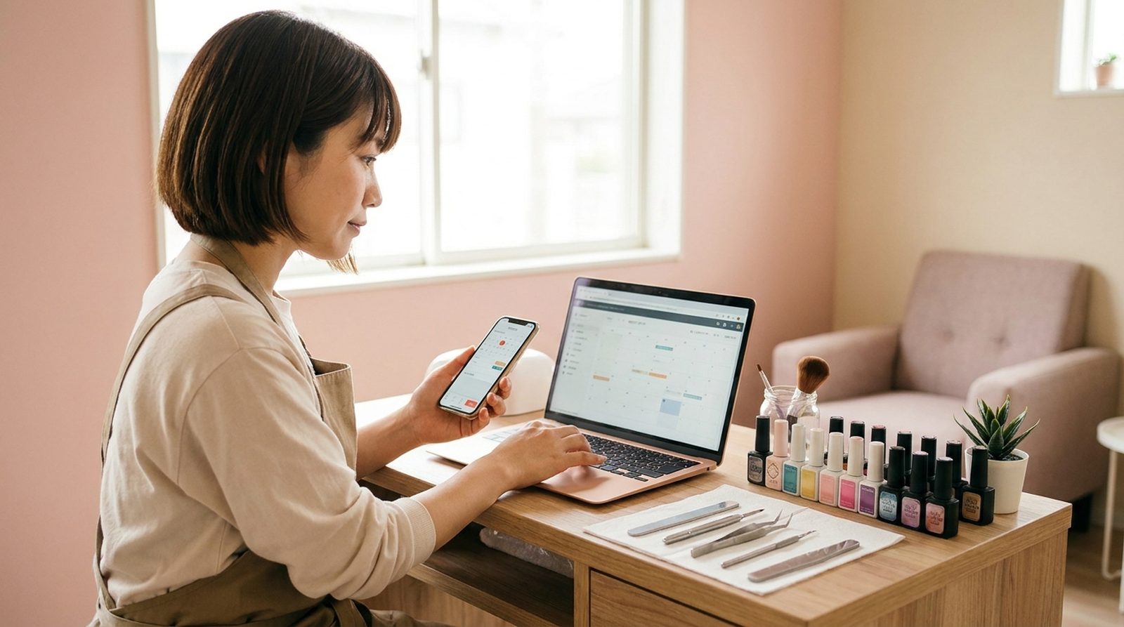 ネイルサロンのオーナー兼ネイリストが、施術ブースでノートPCとスマホを見比べ、自店のホームページと予約状況を確認している様子