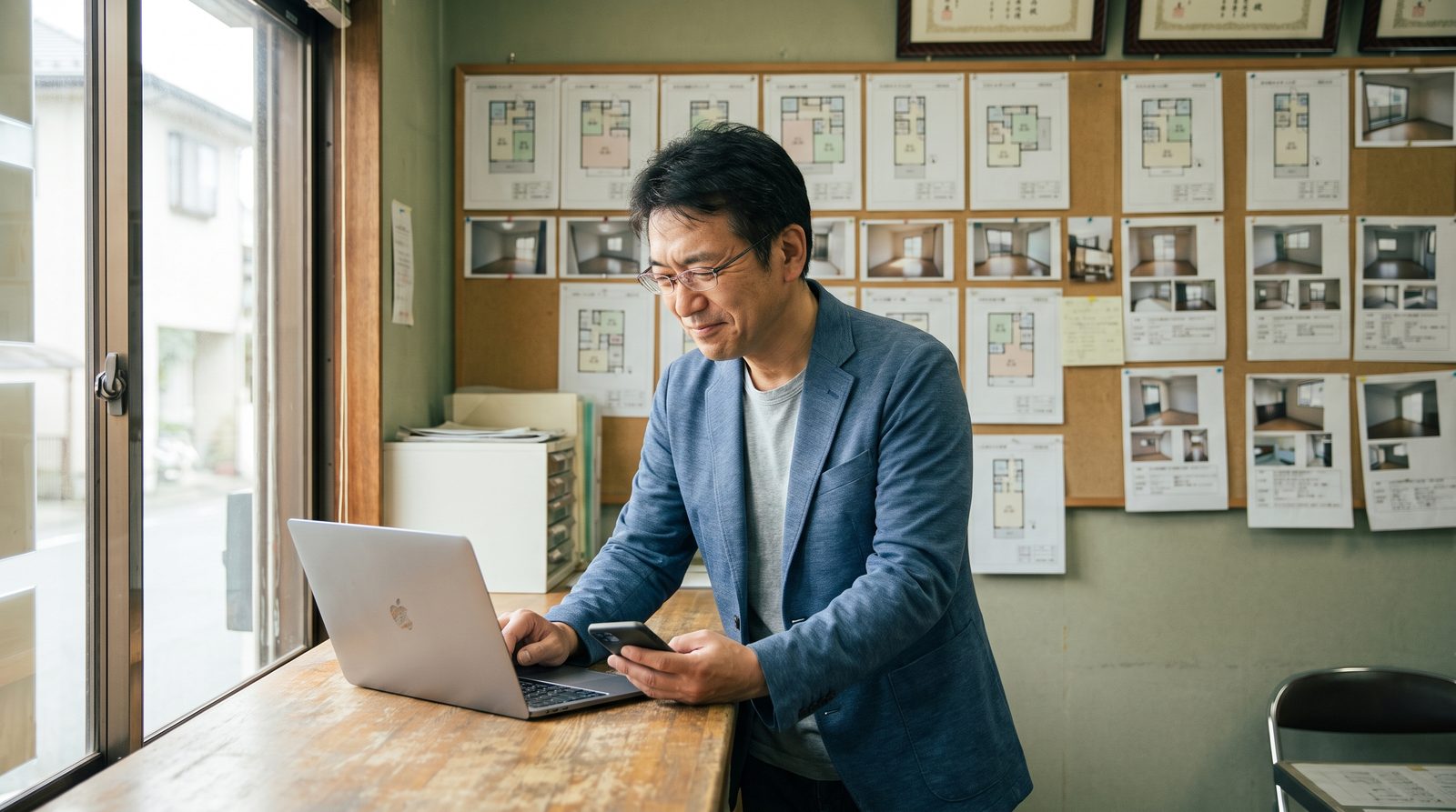 町の不動産会社のオーナーが、店内でノートパソコンとスマートフォンを見比べ、自社サイトとポータルの掲載を確認している様子