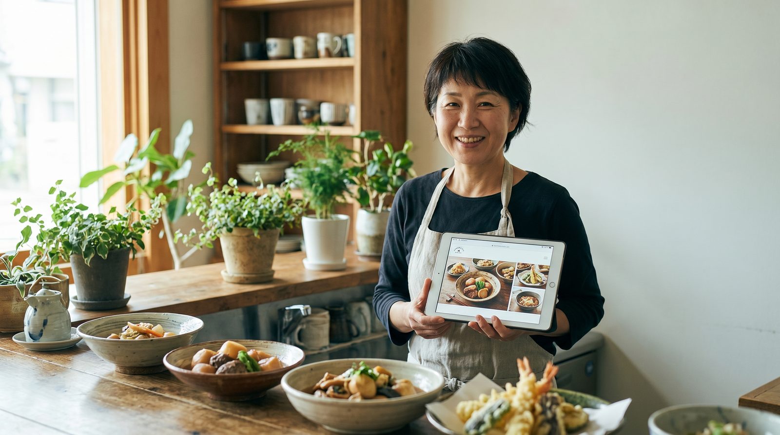 飲食店のオーナーが、料理写真の載った自店ホームページをタブレットで確認している様子