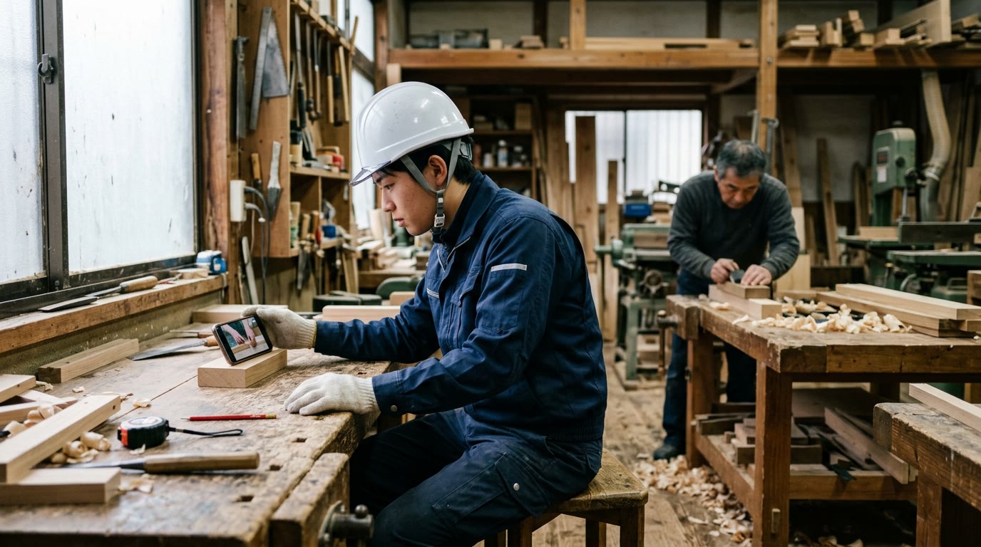 若手の職人が現場の休憩中にスマホで作業手順のマニュアル動画を見返している様子