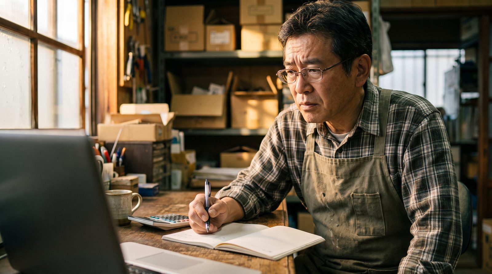 小さな店の事務所で、ノートパソコンと手書きのノート、電卓を前に広告を出すかどうかを考えている店主