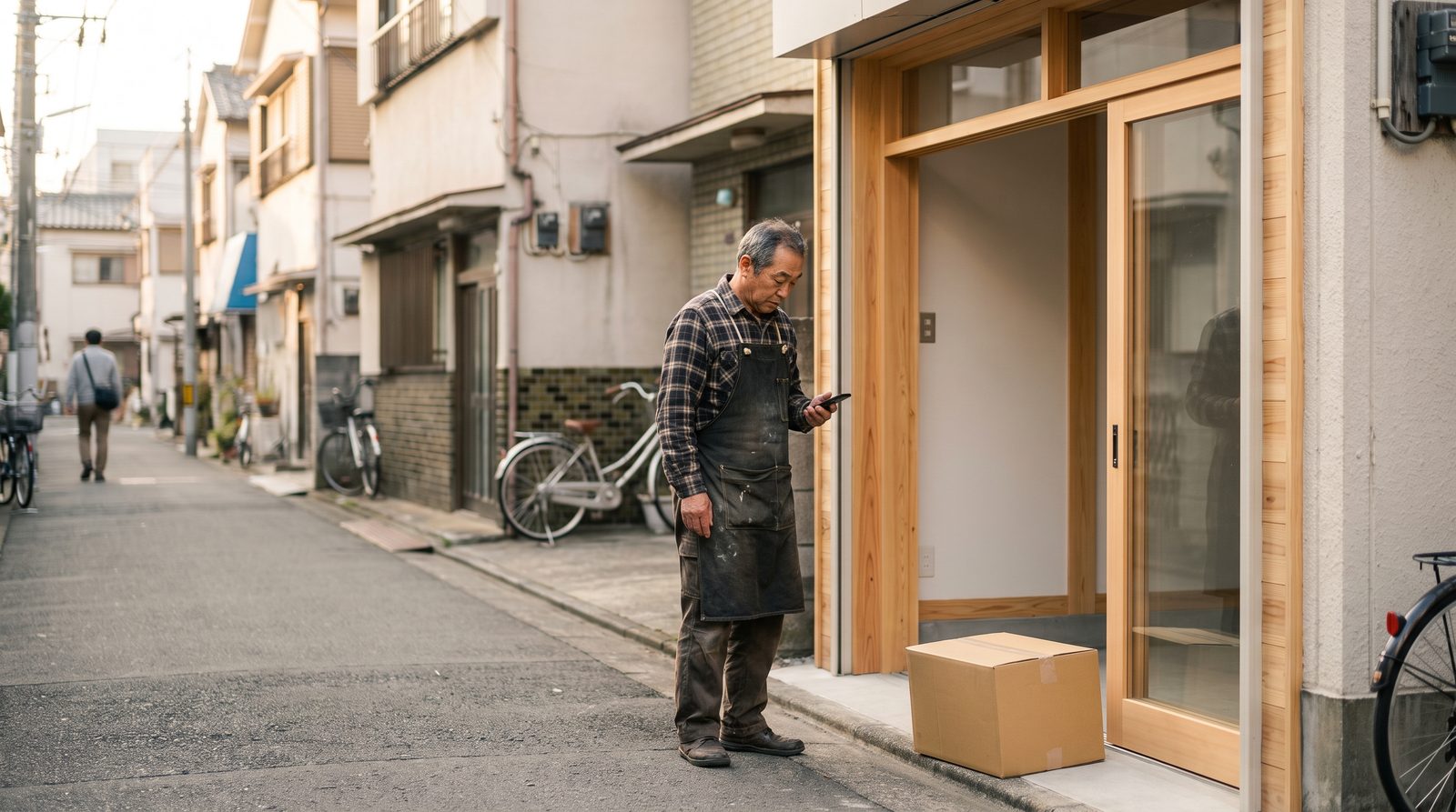 移転したばかりの小さな店舗の前で、店主がスマートフォンを見ながら地図に載っている住所を確かめている様子