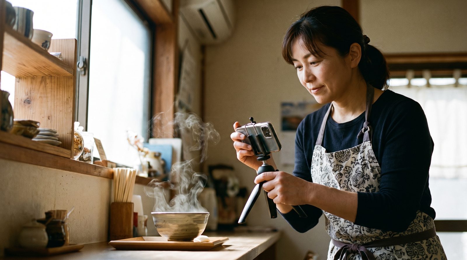 店主が卓上の三脚にスマホを立てて、カウンターの料理を縦向きで撮影している様子