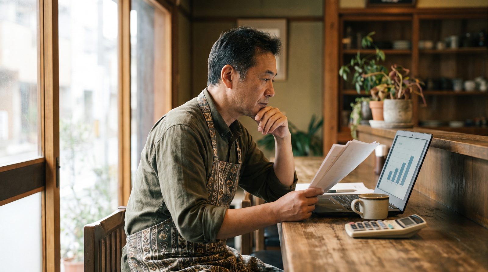 飲食店のオーナーが店内のカウンターで、契約書類とパソコンを見ながら掲載を続けるか見直すか考えているイメージ