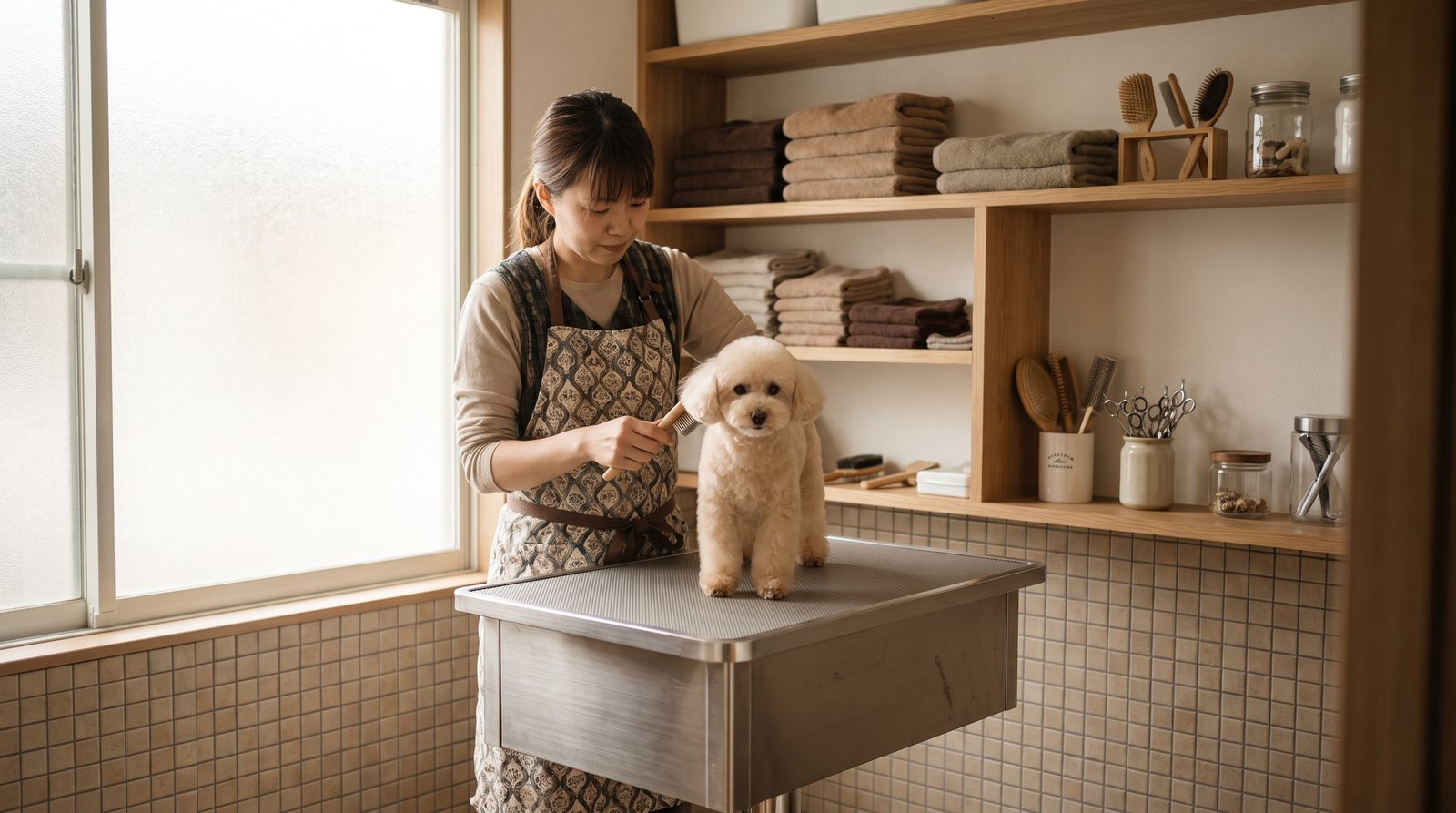 トリミングサロンの店内で、トリマーが小型犬をやさしくブラッシングしている様子