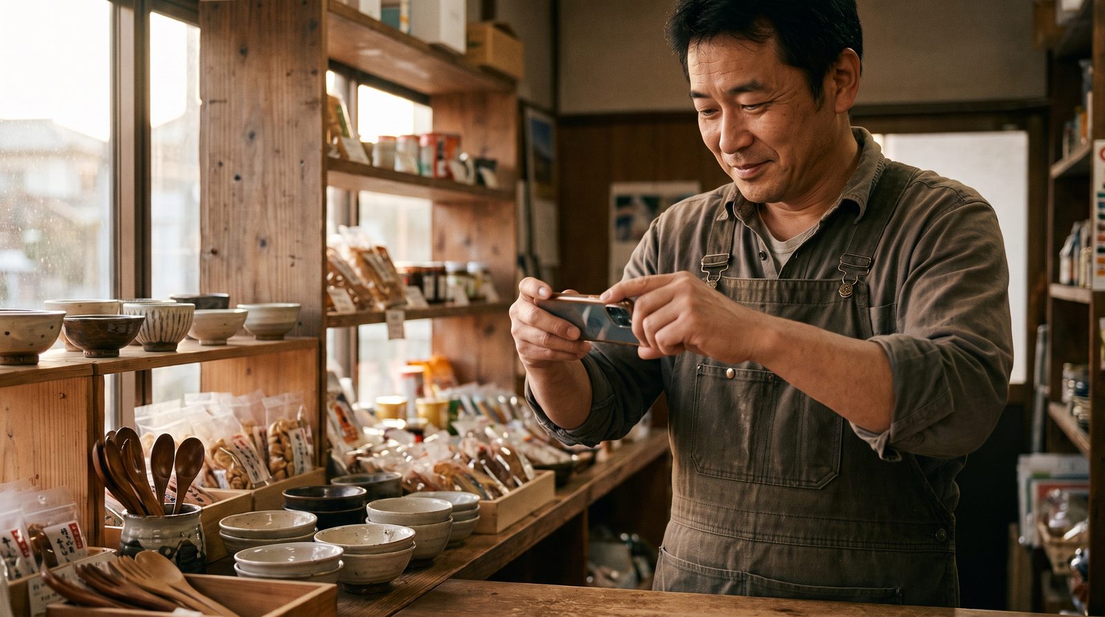 小さな店のカウンターで、店主がスマートフォンを横向きに構えて自分の店の商品を撮影している様子