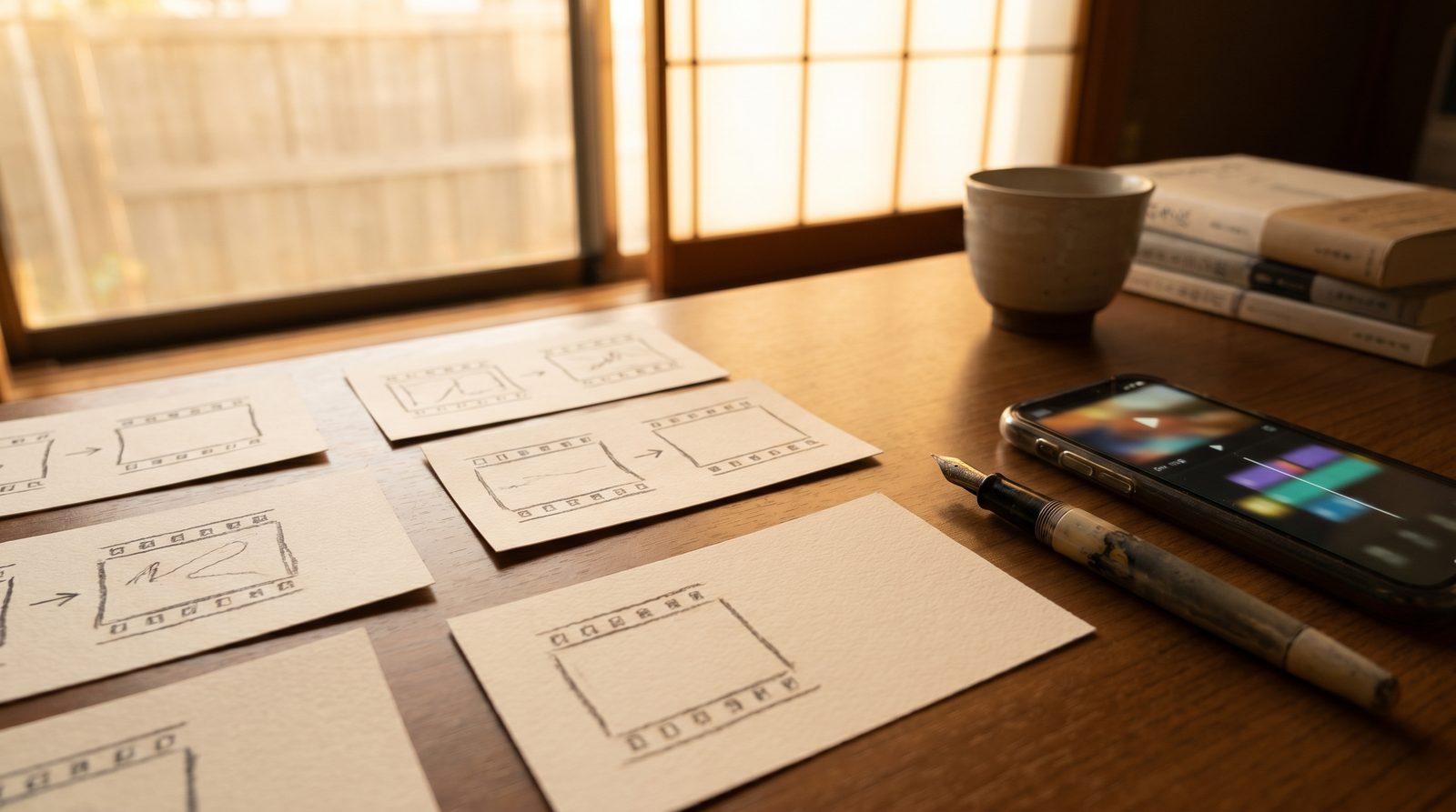 ノートに動画の台本構成を書き出しているイメージ