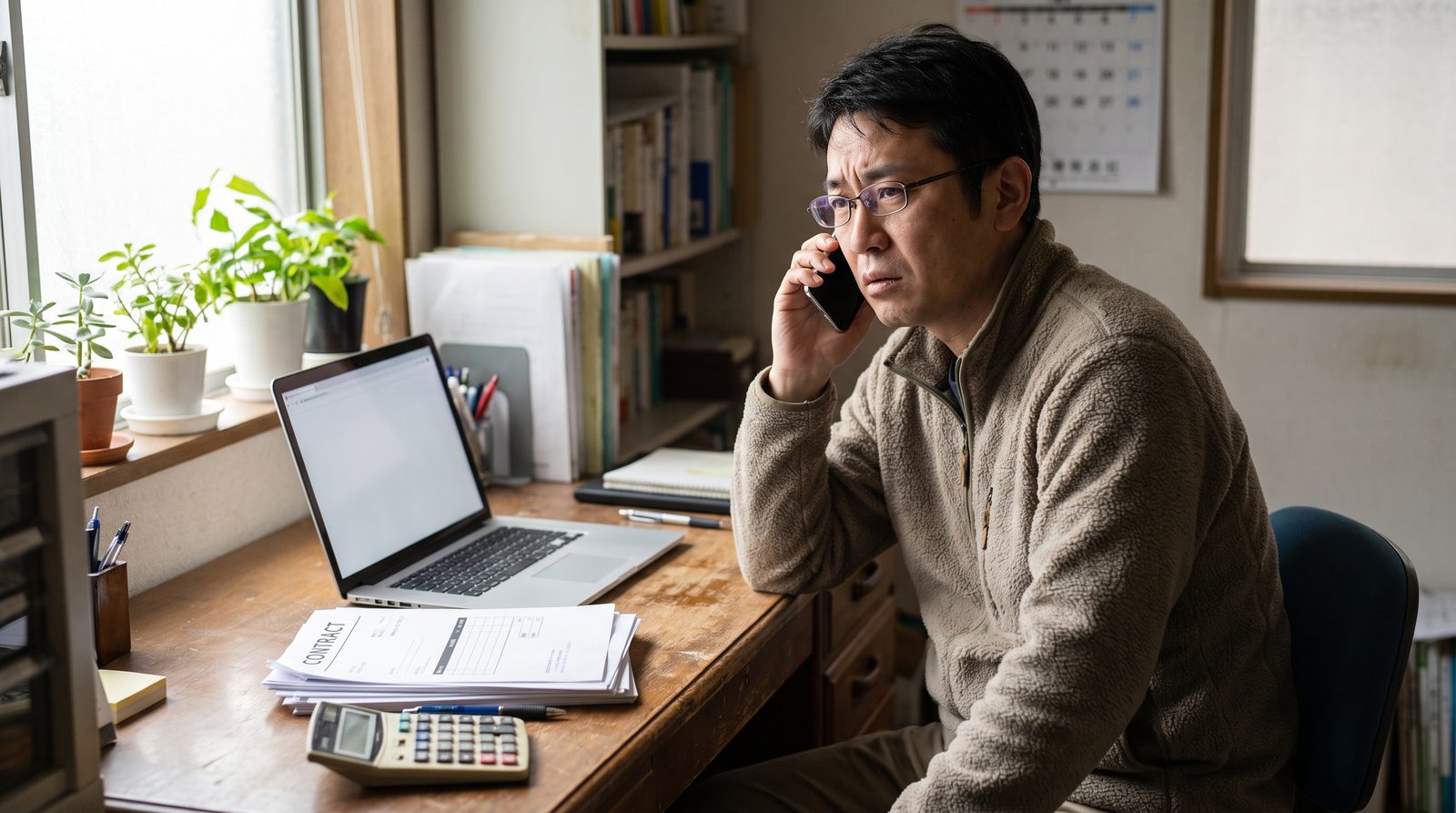 ホームページ制作会社に電話がつながらず、契約書とパソコンを前に困っている事業者のイメージ