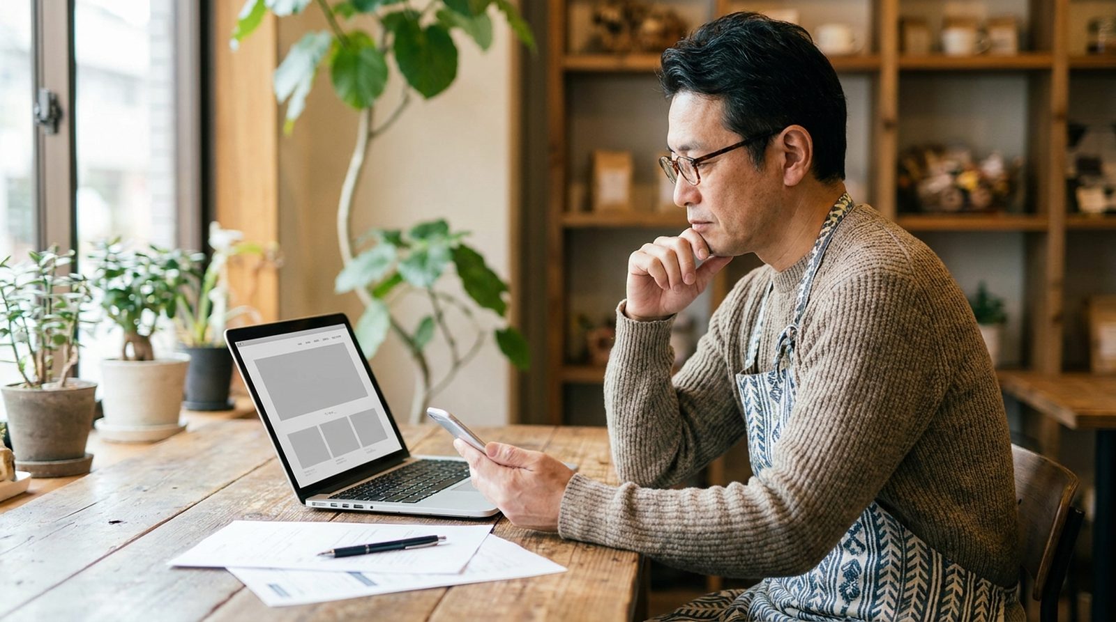 ノートパソコンとスマートフォンで自社のホームページを確認する店主の様子
